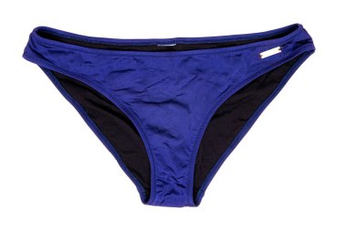 Mayolar izole edilmiş. Beyaz arka planda izole edilmiş zarif bir bayan seksi mavi bikinili iç çamaşırı. Modaya uygun bikini mayosu..