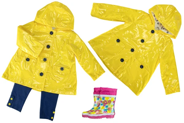 Rain jacket. Collage set of elegant yellow rain jacket in two views and a pair colorful rubber boots isolated on a white background. Girls fashion for rain season.