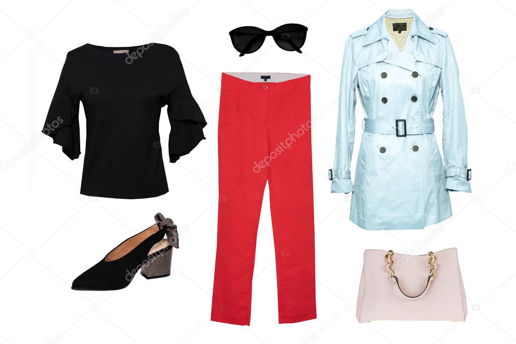 Collage woman clothes. Set of a stylish and trendy women trousers, black blouse or shirt, black high-heeles, pink handbag, coat and other accessories isolated on a white background.