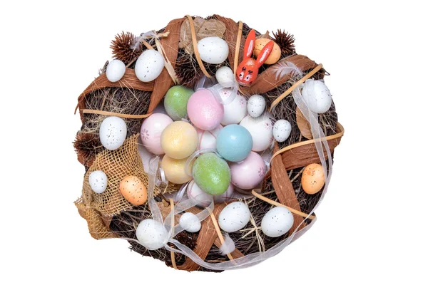 Veselé Velikonoční Dekorace Pozadí Horní Pohled Barevné Slavnostní Velikonoční Vajíčka — Stock fotografie