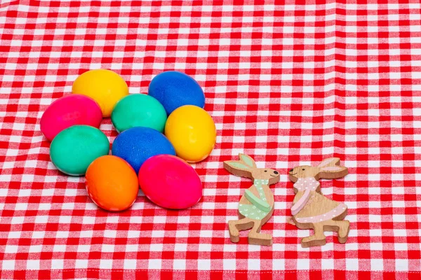Boldog Húsvéti Üdvözlőkártya Sablont Top Kilátás Színes Tojások Két Fából — Stock Fotó