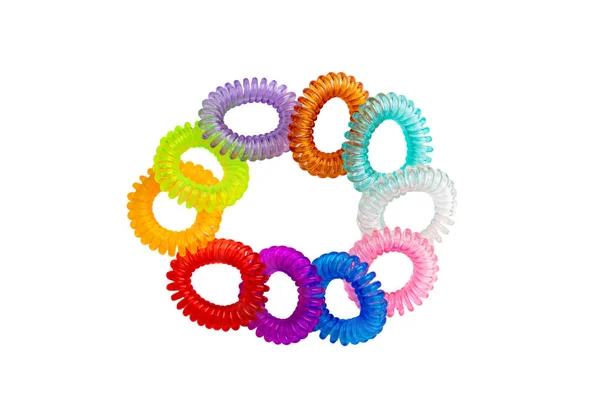 Ferramentas Cuidados Com Cabelo Isolado Close Scrunchies Espiral Elástica Multicolorida — Fotografia de Stock