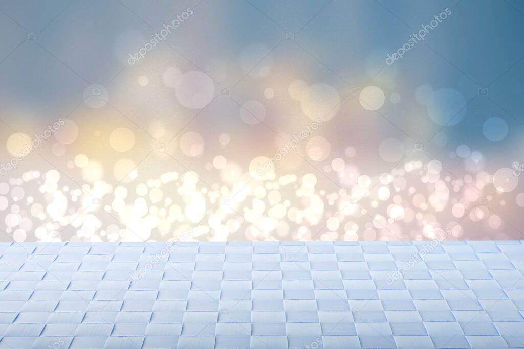 Empty table background. Empty wooden deck table covered with blue tablecloth in front of abstract blurred fresh colorful summer backdrop. Space for your food and product display montage.