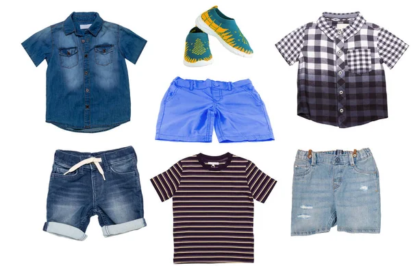 Collage Uppsättning Barnkläder Denim Korta Jeans Och Korta Byxor Jeans — Stockfoto