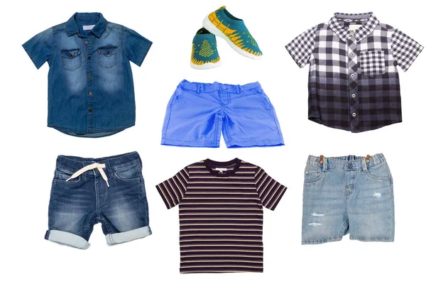 Collage Set Children Clothes Denim Short Jeans Short Pants Jeans — Stock Photo, Image