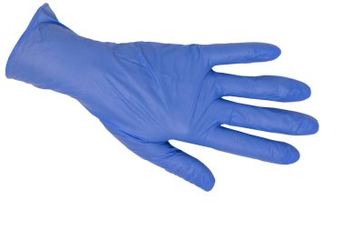 Coronavirus koruyucu önlemleri. Doktorun elinde mavi eldivenli yakın plan beyaz arka planda izole edilmiş. Makro fotoğraf.