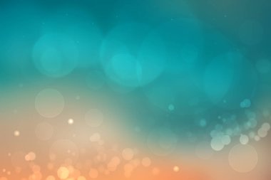 Soyut gün batımı çizimi. Aydınlatılmış fantezi şehri ve bulutlu mavi gökyüzünün turuncu ve altın renkli bokeh ışıklarıyla soyut bir akşam veya gün batımı modunda. Güzel gün batımı.