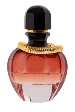 Luxurious perfume in beautiful glass bottle with gold decorations and black cap isolated on a white background. Space. Macro photograph. clipart