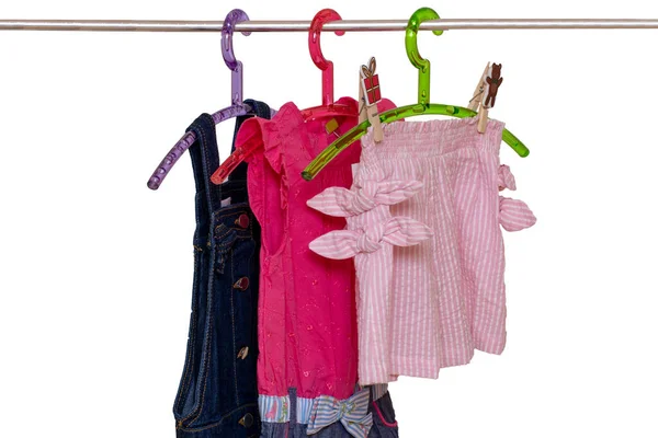 Girls Clothes Rack Close Colorful Stylish Summer Dresses Short Pants — Stock Photo, Image