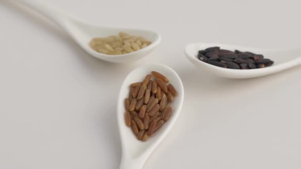 Rotating Spoons with various rice: black, basmati and brown rice. — Stock Video