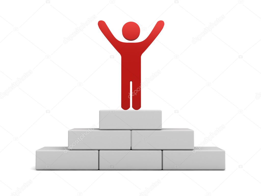 Red man standing with arms wide open on the top of winning podium