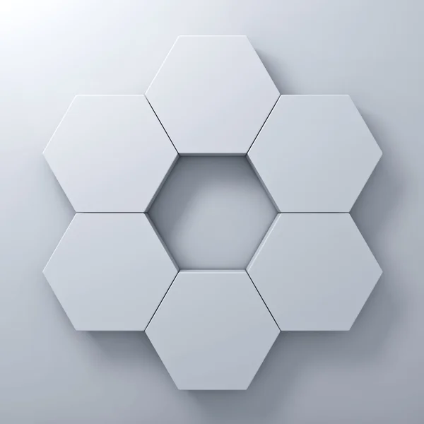 Panneaux hexagonaux vierges sur fond blanc abstrait avec ombre — Photo