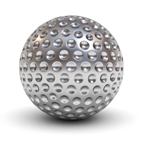 Bola de golfe de metal isolada sobre fundo branco com reflexão e sombra — Fotografia de Stock