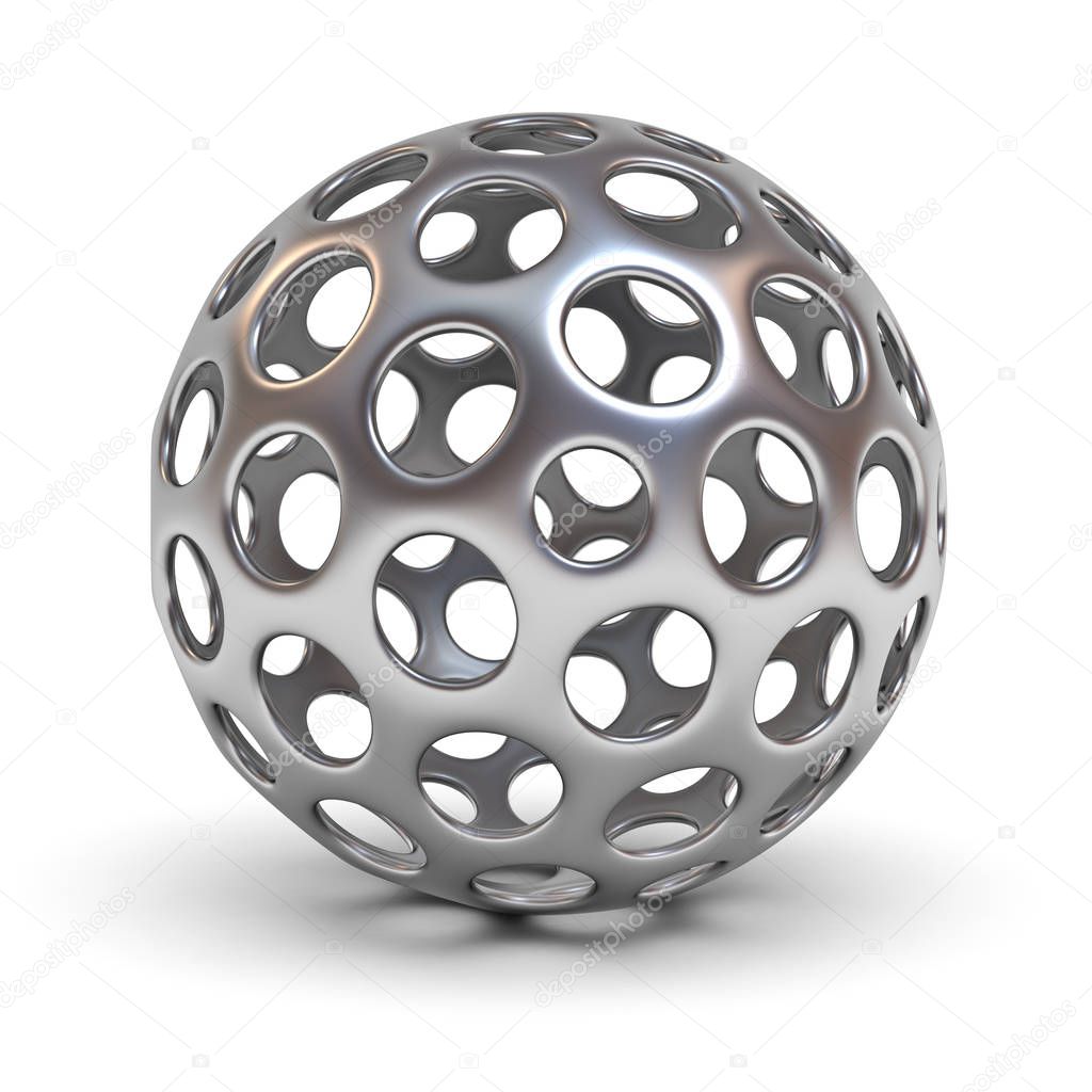 Hollow metallic chrome sphere isolated over white background with shadow