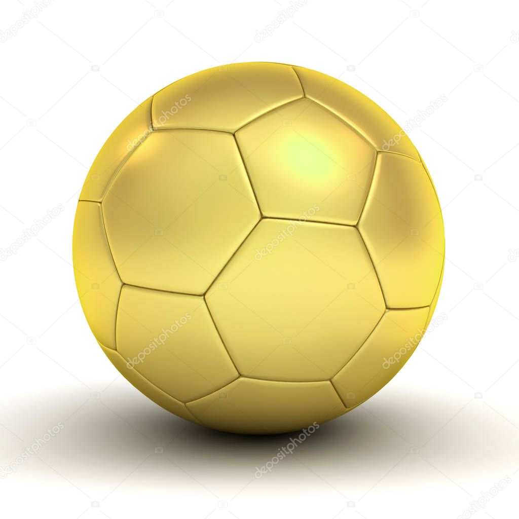 Gold soccer ball isolated over white background with reflection and shadow