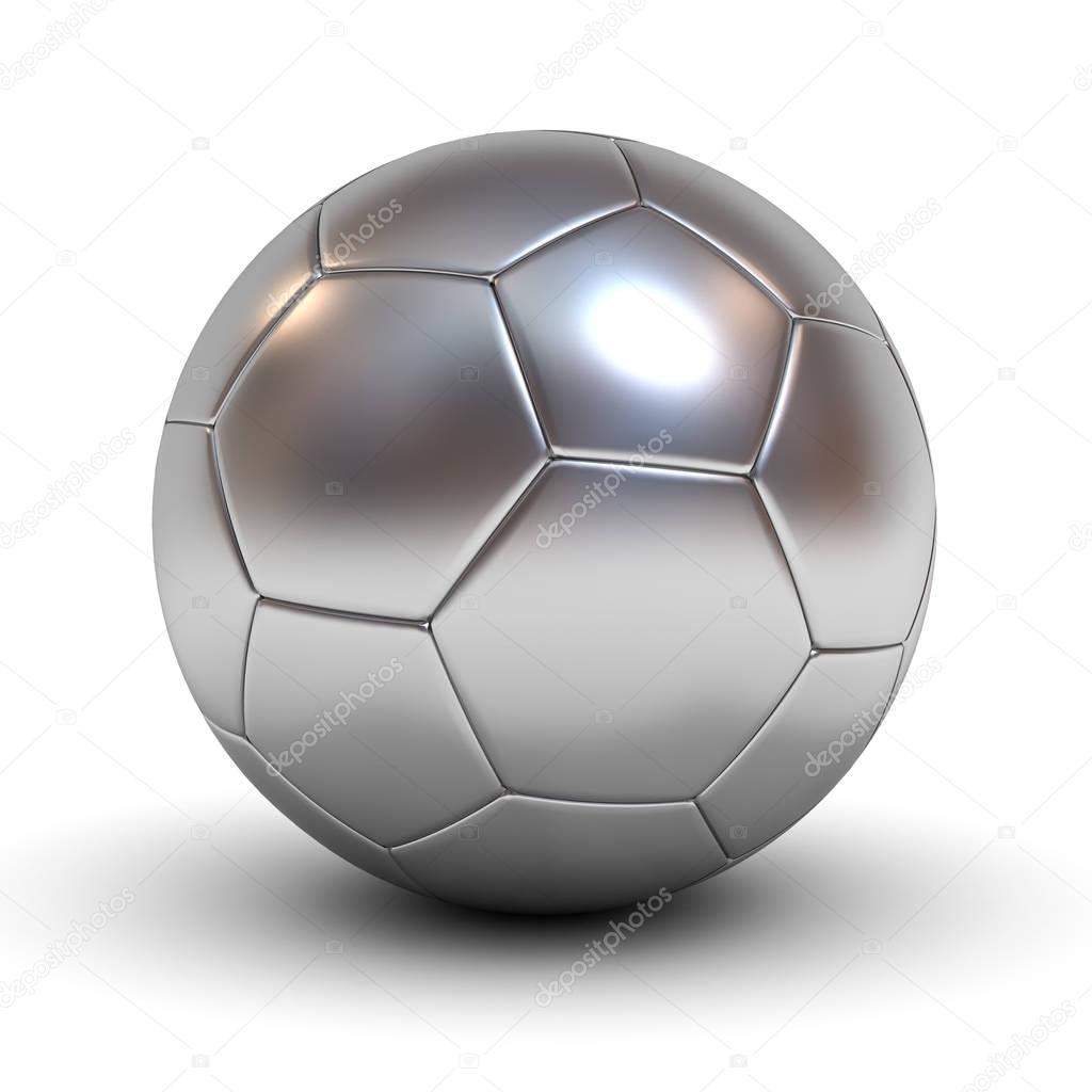Metallic chrome soccer ball isolated over white background with reflection and shadow