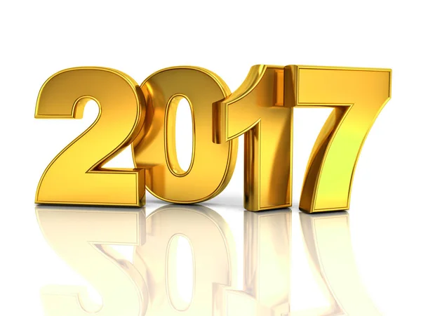 Yansıma ve gölge beyaz arka plan üzerinde izole mutlu yeni yıl 2017 3d altın metin kavramı — Stok fotoğraf