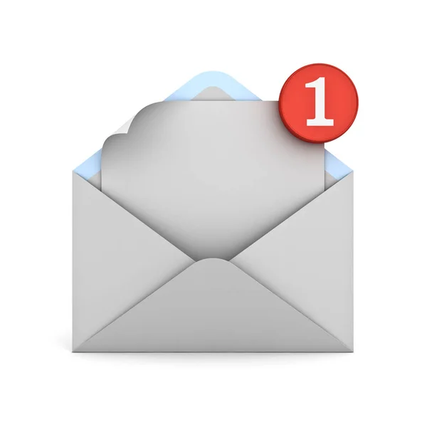 E mail notification one new email message in the inbox concept isolated over white background with reflection and shadow — Stock Photo, Image