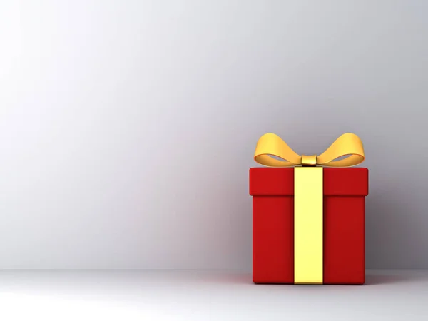Caja de regalo roja regalo con lazo de cinta de oro sobre fondo de pared blanco con sombra — Foto de Stock