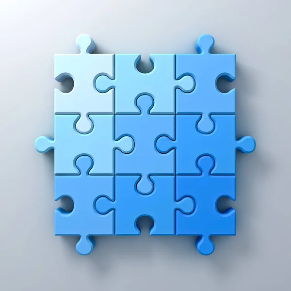 Concepto de piezas de rompecabezas azul en fondo de pared blanco con renderizado en 3D sombra — Foto de Stock