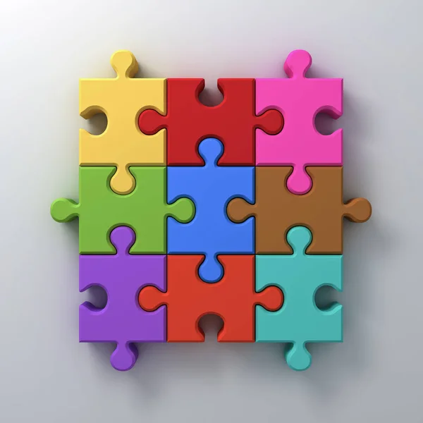 Bunte Puzzleteile Konzept auf weißem Wandhintergrund mit Schatten 3D-Render — Stockfoto