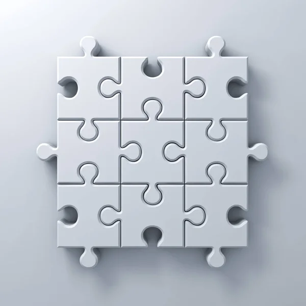 Concepto de piezas de rompecabezas blanco en fondo de pared blanco con renderizado en 3D sombra — Foto de Stock