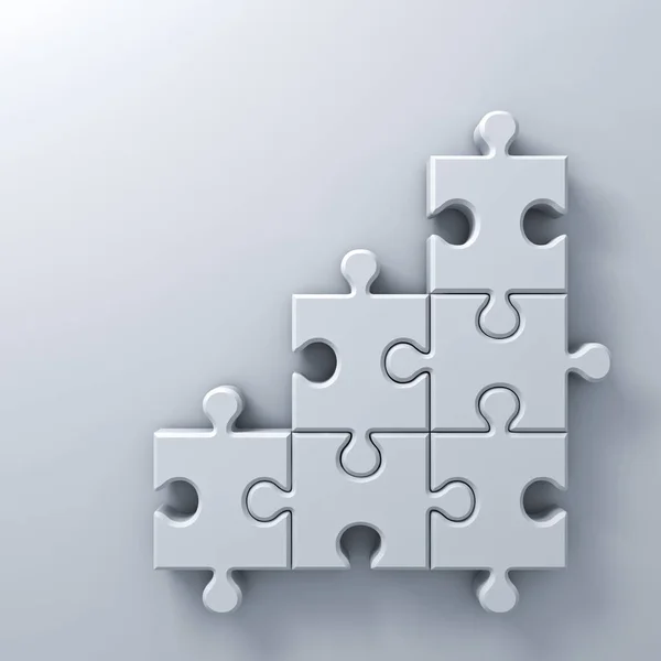 Weiße Puzzleteile auf weißem Wandhintergrund mit Leerraum 3D-Render — Stockfoto