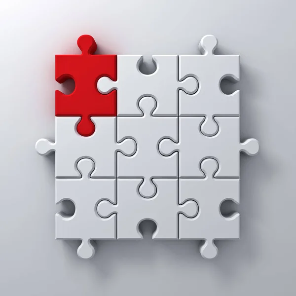 Pezzo puzzle rosso si distinguono dalla folla concetto diverso su sfondo bianco parete con ombra rendering 3D — Foto Stock
