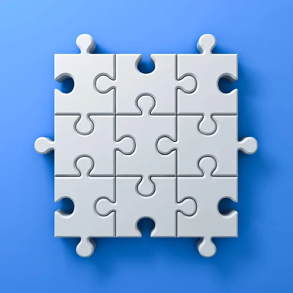 White jigsaw puzzle pieces concept on blue wall background with shadow 3D render — Stock Photo, Image