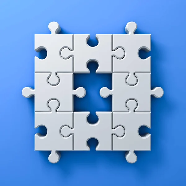 Puzzle blanc pièces un concept manquant sur fond bleu mur avec ombre. rendu 3D — Photo