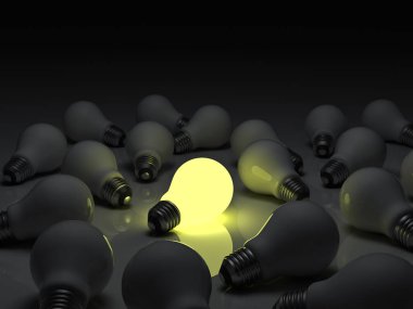 One glowing light bulb standing out from the unlit incandescent bulbs with reflection , individuality and different concept 3D render clipart