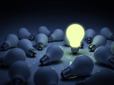 One glowing light bulb standing out from the unlit incandescent bulbs with reflection , leadership and different concept 3D render clipart