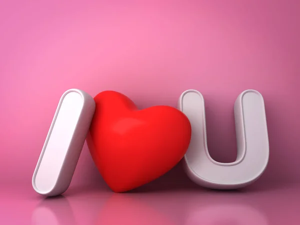 3d i love you konzept mit rotem herz auf rosa hintergrund mit reflexion, valentines day hintergrund 3d render — Stockfoto