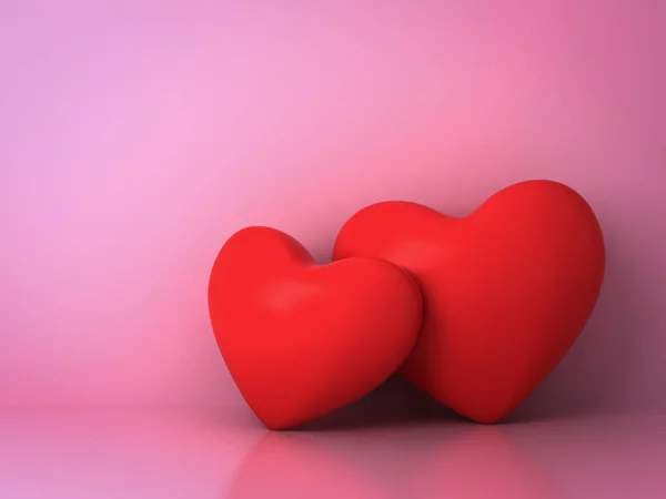 Twee rode harten op roze achtergrond met reflectie en schaduw voor valentines day achtergrond 3d render — Stockfoto