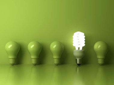 Eco energy saving light bulb , one glowing compact fluorescent lightbulb standing out from unlit incandescent bulbs reflection on green background , individuality and different concept 3D render clipart