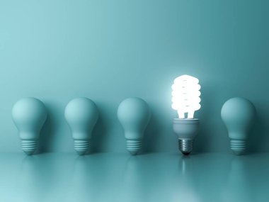 Eco energy saving light bulb , one glowing compact fluorescent lightbulb standing out from unlit incandescent bulbs reflection on green background , individuality and different concept clipart