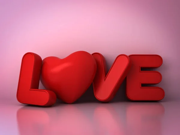 3D rotes Liebeswortkonzept mit Herz auf rosa Hintergrund mit Schatten und Reflexion, Valentinstag Hintergrund 3d Render — Stockfoto