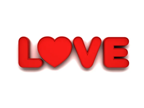 Concept de mot d'amour 3d avec coeur rouge sur fond blanc avec ombre, Saint Valentin rendu 3D — Photo