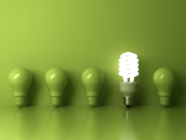 Eco energy saving light bulb , one glowing compact fluorescent lightbulb standing out from unlit incandescent bulbs reflection on green background , individuality and different concept 3D render