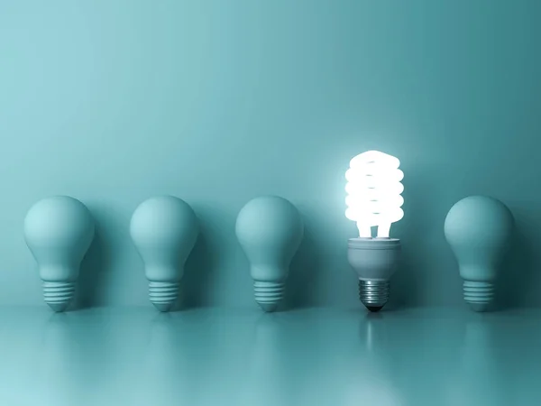 Eco energy saving light bulb , one glowing compact fluorescent lightbulb standing out from unlit incandescent bulbs reflection on green background , individuality and different concept — Stock Photo, Image