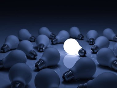 One glowing light bulb standing out from unlit incandescent bulbs with reflection on blue background , individuality and different creative ideas concepts clipart