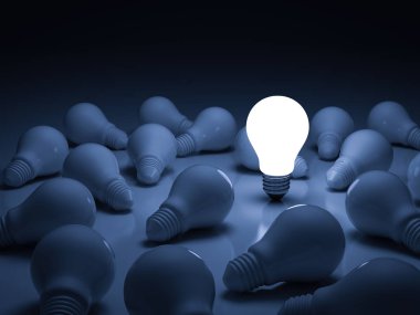 One glowing light bulb standing out from the unlit incandescent bulbs with reflection , leadership and different creative idea concept clipart