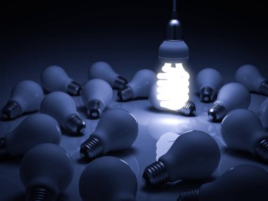 Enerji tasarruflu ampul, ışıksız akkor ampuller mavi arka plan, bireysellik ve farklı yaratıcı fikir kavramı üzerinden dışarı ayakta bir parlayan asılı floresan ampul