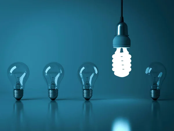 Eine hängende Öko-Energiesparlampe leuchtet aus den unbeleuchteten Glühbirnen mit Reflexion, heben sich von der Masse ab, Führung und verschiedene kreative Geschäftsidee Konzept — Stockfoto