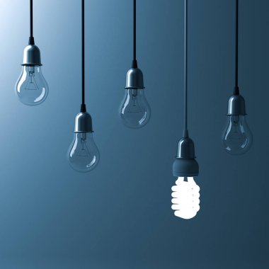 One hanging energy saving light bulb glowing different stand out from unlit incandescent bulbs with reflection on dark cyan background , leadership and different creative idea concept. 3D render clipart