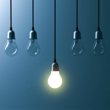 One hanging light bulb glowing different and standing out from unlit incandescent bulbs with reflection on dark cyan background , leadership and different business creative idea concept. 3D render clipart