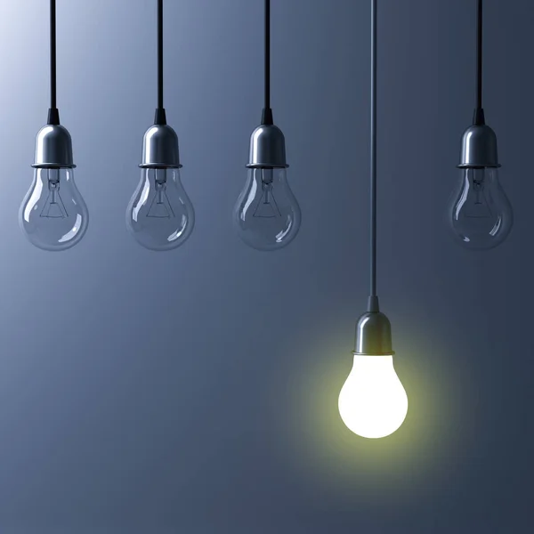 One hanging light bulb glowing different and standing out from unlit incandescent bulbs with reflection on dark cyan background , leadership and different business creative idea concept. 3D render