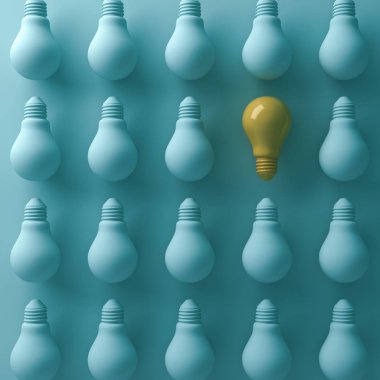 Farklı kavram, gölge ve gölge, bireysellik ve farklı iş yaratıcı bir fikir kavramı ile sönük yeşil akkor lightbulbs üzerinden bir sarı ampul öne düşünüyorum. 3D render