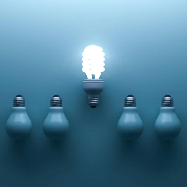 Energisparande lampa, en glödande kompakt fluorescerande glödlampa står ut från släckt glödlampor på cyan bakgrund, individualitet och annan kreativ idé koncept. 3D render — Stockfoto