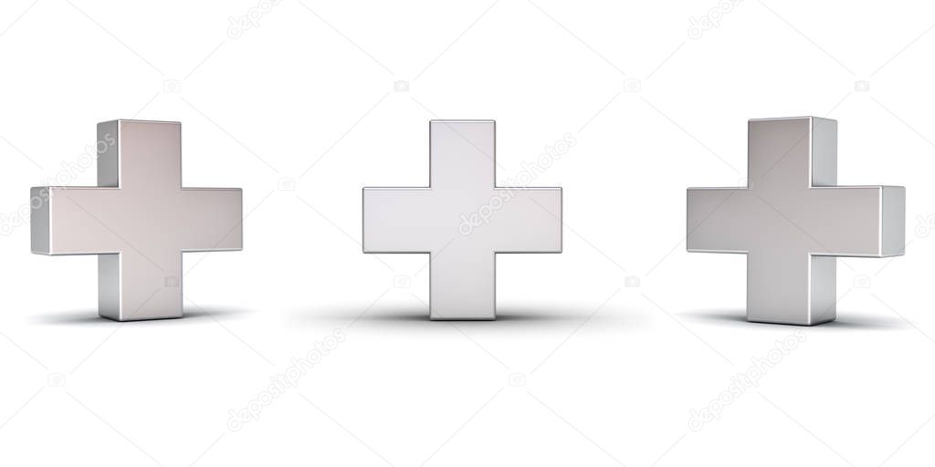 3d metal plus sign with three different view angles isolated on white background with shadow. 3D render